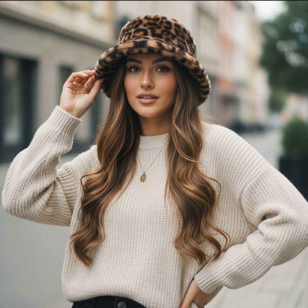 Leopard Print Faux Fur Bucket Hat - Picture 12 of 14